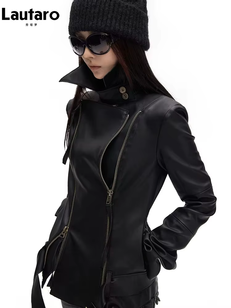 Veste en cuir PU noir doux et élégant Lautaro pour femme, manches longues, double fermeture éclair,