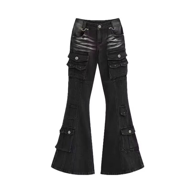 REDDACHiC – jean cargo noir taille basse pour femme, style années 2000, effet usé, multi-poches, cou
