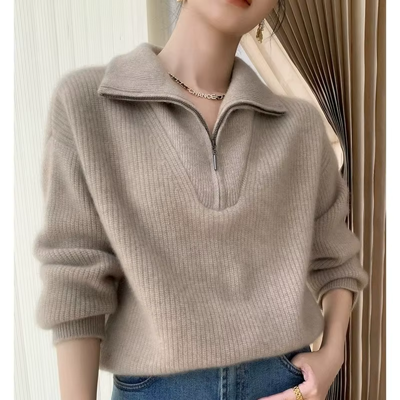 Pull en cachemire épais à grand revers pour femme, 100 pure laine, pull à fermeture éclair, pull par