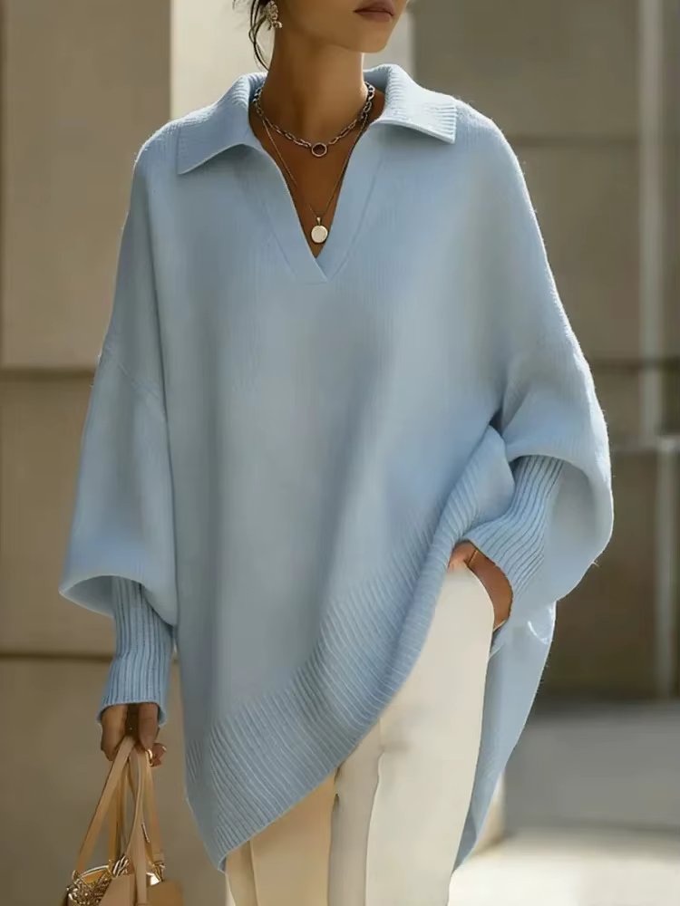 Pull-over en maille ample à col polo pour femme, style décontracté avec design épaules, vêtement d'e