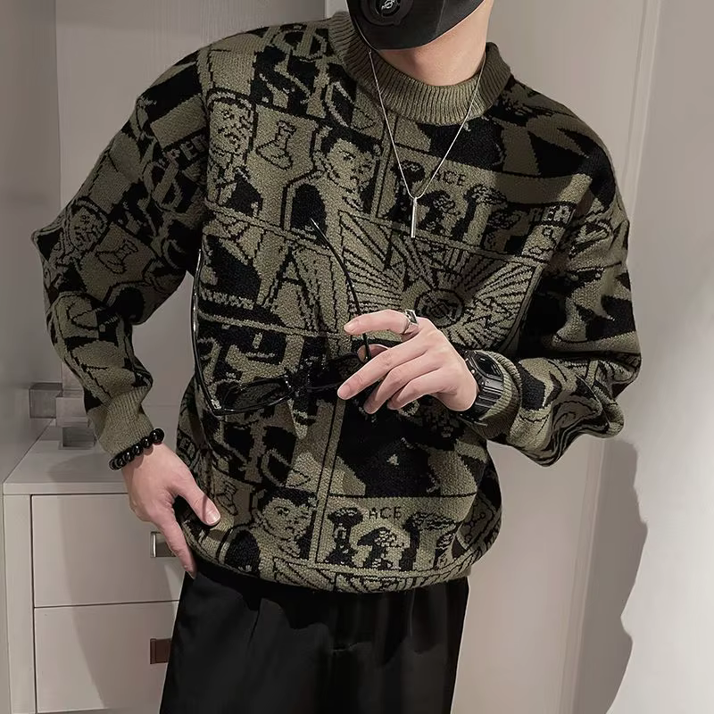 Pull à fleurs pour hommes, chemise à bascule tendance à manches longues, pull tricoté à la mode pers
