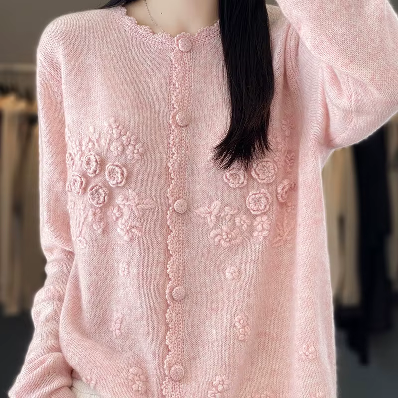 Cardigan 100% pur cachemire pour femmes, col rond, brodé à la main, pull ample et paresseux, manteau