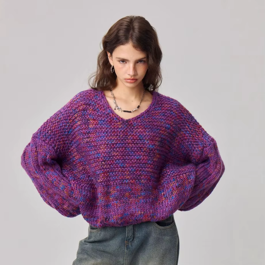 Nouvelle mode pull col en v à capuche couleur mixte pull tricoté