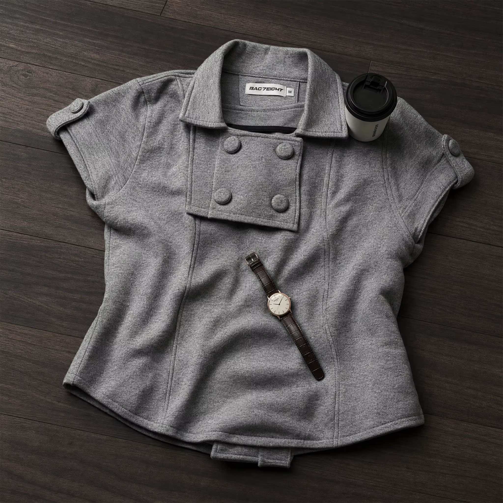 Gilet court gris à col montant pour femme, à manches courtes, double boutonnage, ourlet peplum, ajus