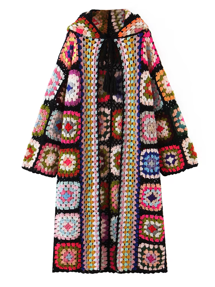 Cardigan à Carreaux Coloré Style Bohème pour Femme, Vêtement à Capuche, Crochet à la Main, Fleur, Et