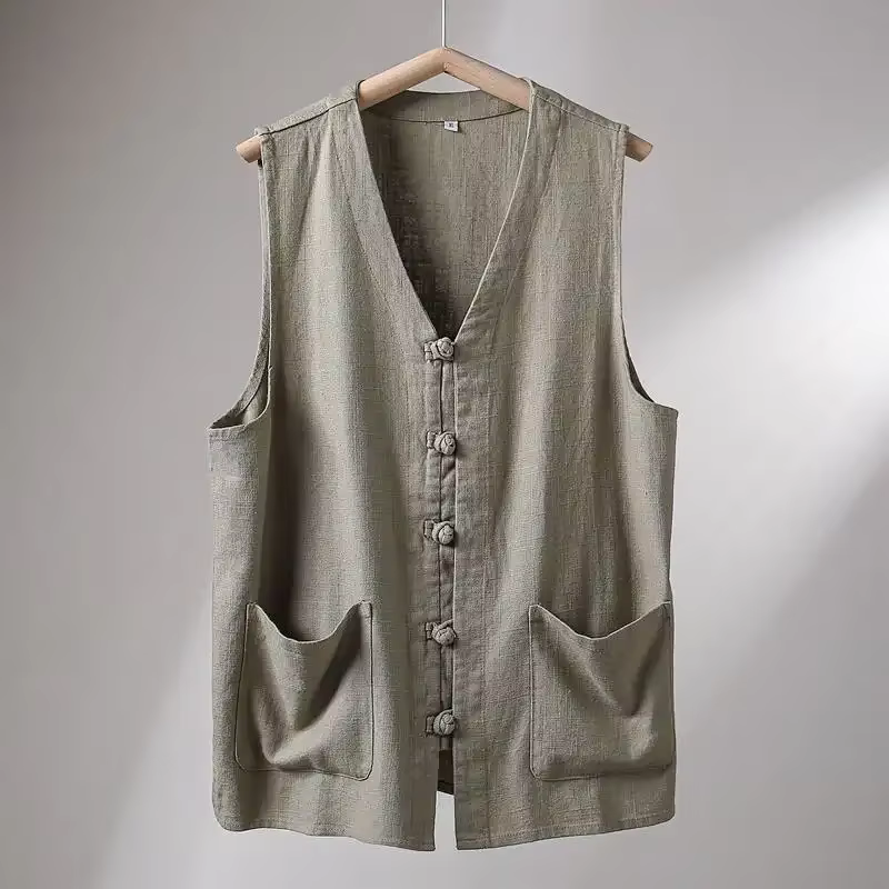 Gilet en lin pour homme, style chinois, boutons grenouillère, col en V, sans manches, coupe ample, d