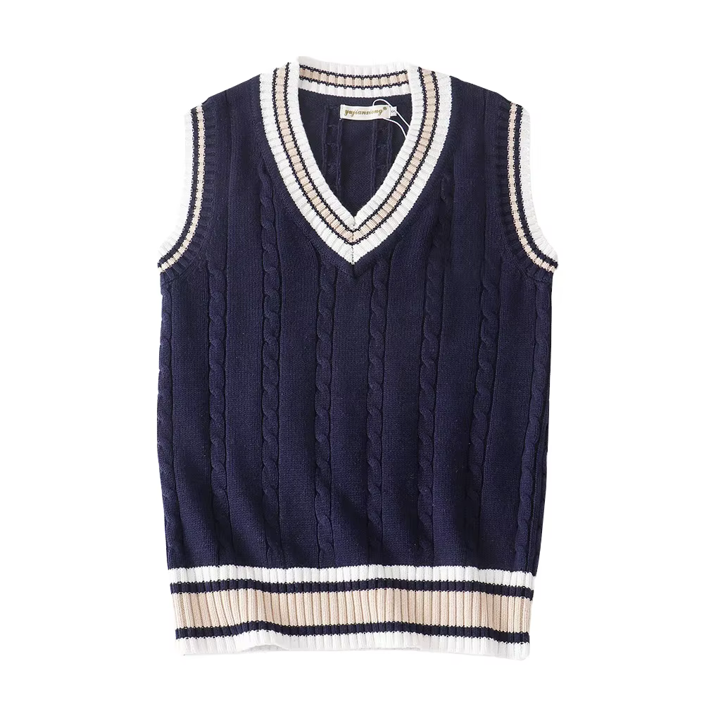 Pull gilet hommes épaissir col en v sans manches tricoté chandails gilets rayé rétro style Preppy Si