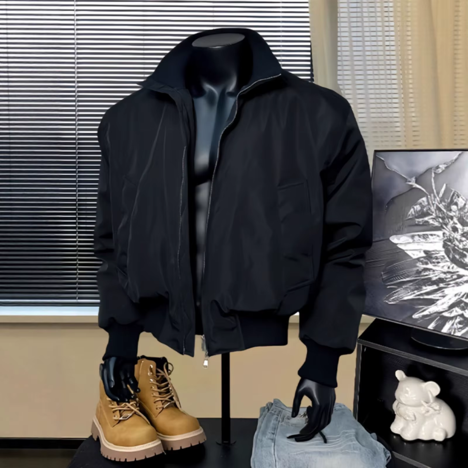 Blouson de pilote MA1 bleu marine pour homme, col montant, coupe ajustée, épaulettes courtes, veste