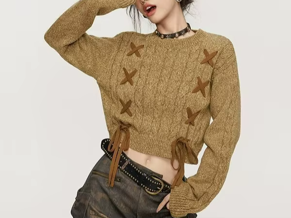Pull femme 2025 hiver nouveau Style court rétro Unique et Chic haut à lacets pull