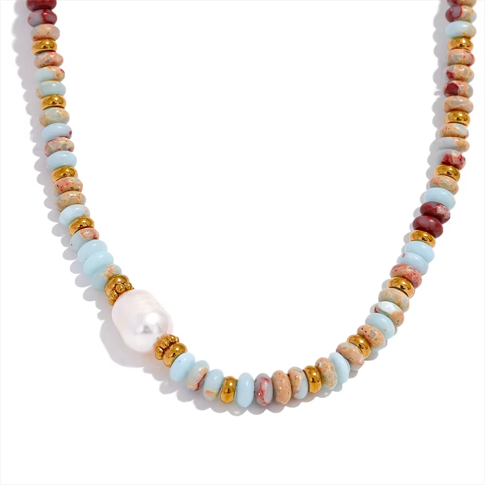 Yhpup à la mode pierre naturelle perle d'eau douce collier chaîne en acier inoxydable à la main élég
