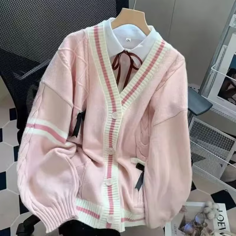 Cardigan tricoté à col en v pour femme, pull à nœud doux, esthétique Y2K, couleur contrastée, Kawaii