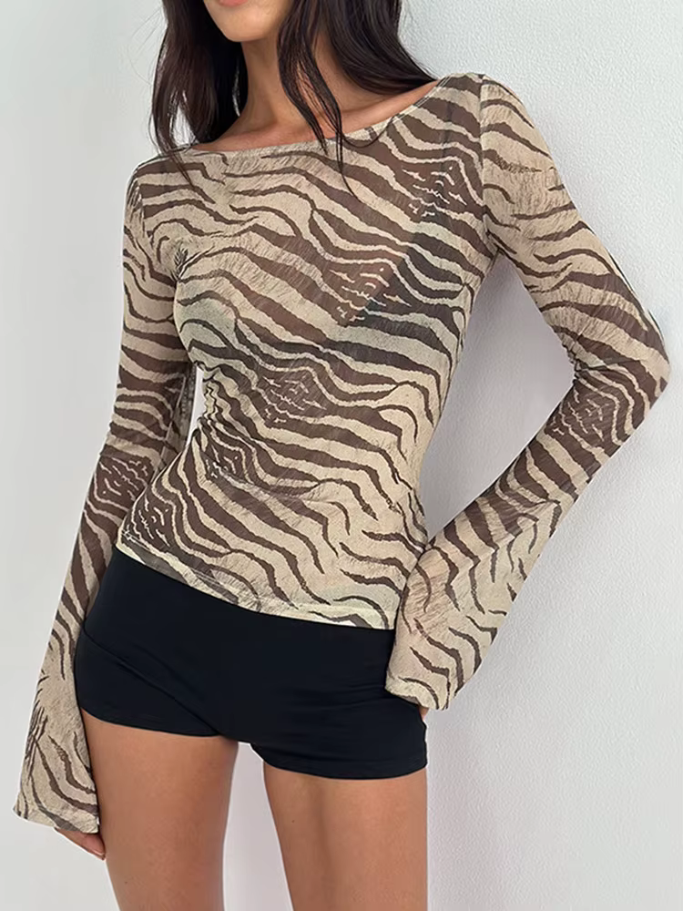 Chemises et chemisiers sexy en maille imprimée zèbre, hauts à manches longues, vêtements d'automne à