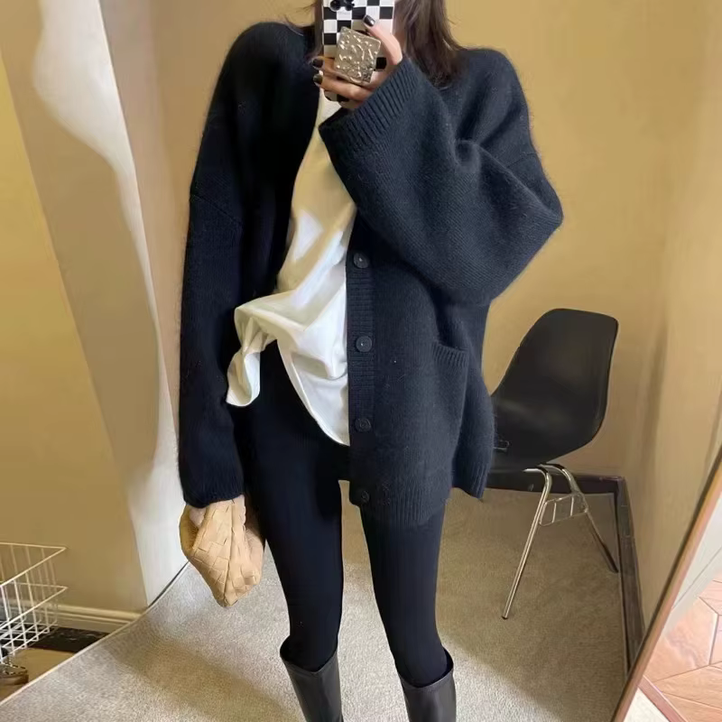 Veste cardigan en cachemire pour femme, pull long tricoté à col en v, ample et rembourré, pur, nouve