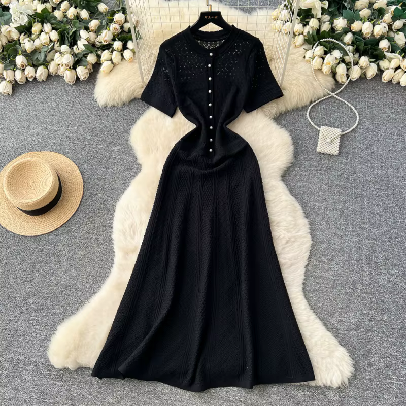 Robe Longue Tricotée Élégante à Motifs Creux pour Femme, Collection Été 2026, Manches Courtes, Col R