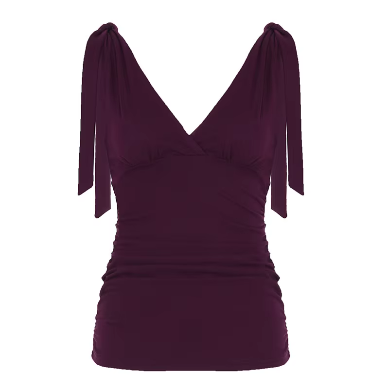 Gilet élégant à col en v croisé violet pour femmes, taille froncée douce et gracieuse, Camisole poly