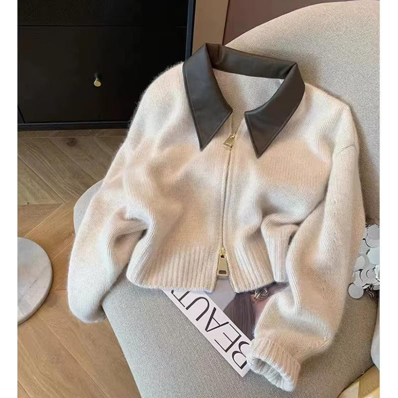 Femmes col en cuir Patchwork Double fermeture éclair tricot Cardigan doux confortable tricoté pull m