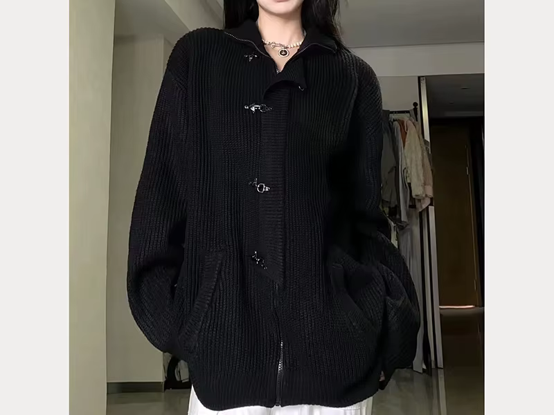 Cardigan tricoté à col montant, rétro, ample, mode décontractée, polyvalent, veste pull à fermeture 