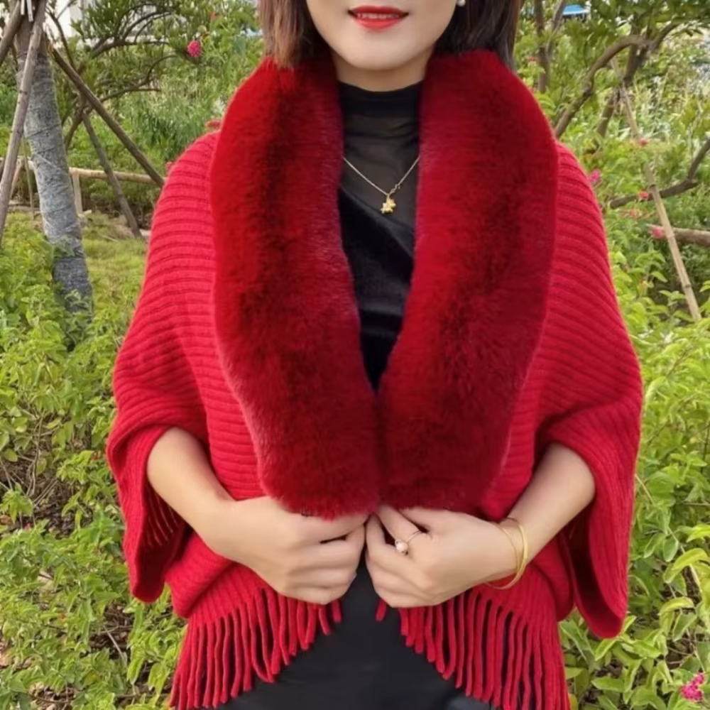 Robes de soirée pour femmes Cardigan Cape hiver chaud tricot châle fausse fourrure col enveloppes