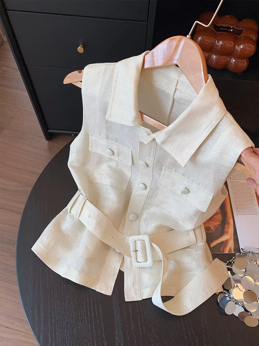 Olivegirl Gilet Rétro Uni à Col Polo Sans Manches, Style Vêtement de Travail, Été 2026, Amincissant,
