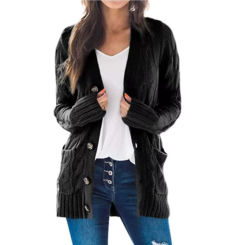Cardigan en tricot torsadé bleu clair pour femme, col en V, manches longues, boutonné, pull surdimen