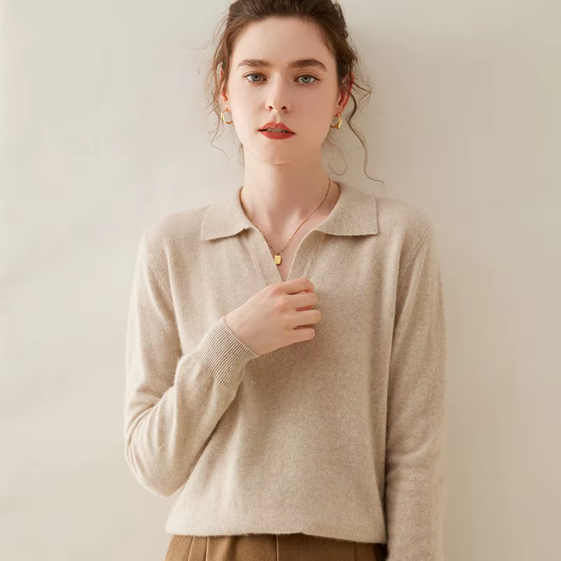 WinvyNee-Pull en cachemire et laine mérinos pour femme, col polo, pull en tricot monochrome, pulls d
