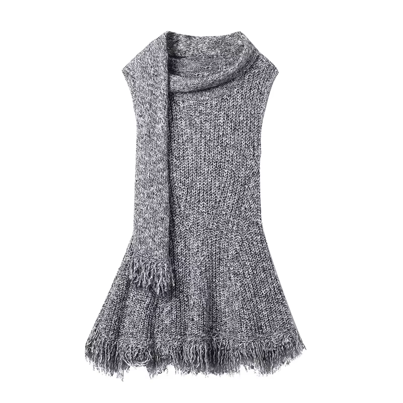 Pull tricoté sans manches pour femme, décontracté, avec écharpe, gris, col rond, Slim, assorti avec
