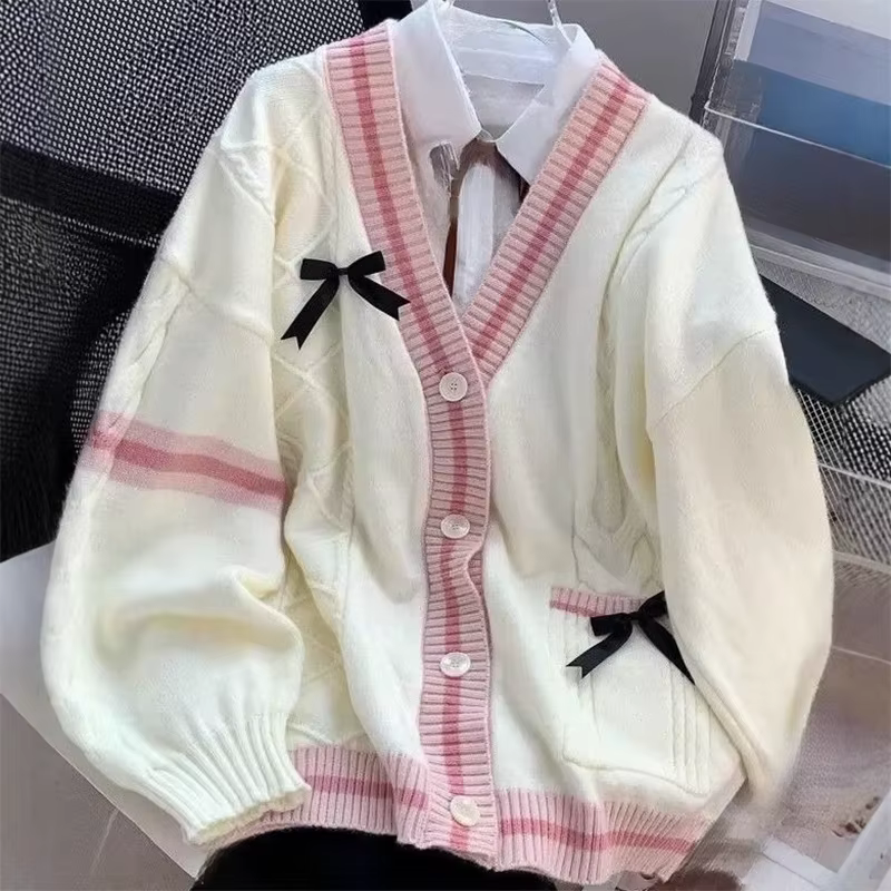 Cardigan décontracté avec nœud doux pour femme, manteaux tricotés de Style Preppy classique japonais