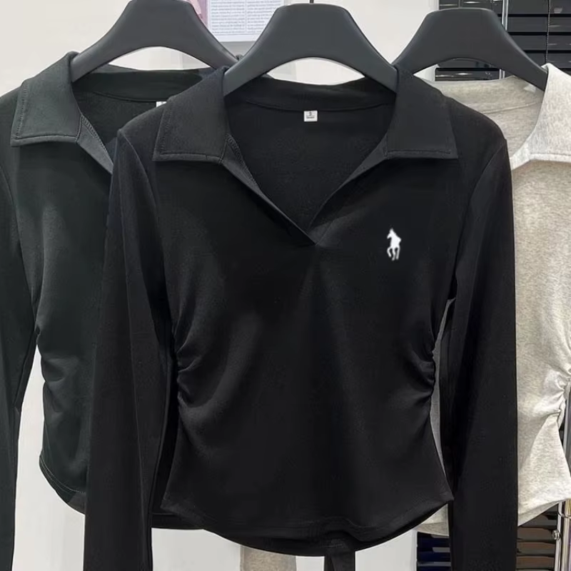 Col Polo broderie plissée hauts courts printemps automne à manches longues mince tout-match décontra