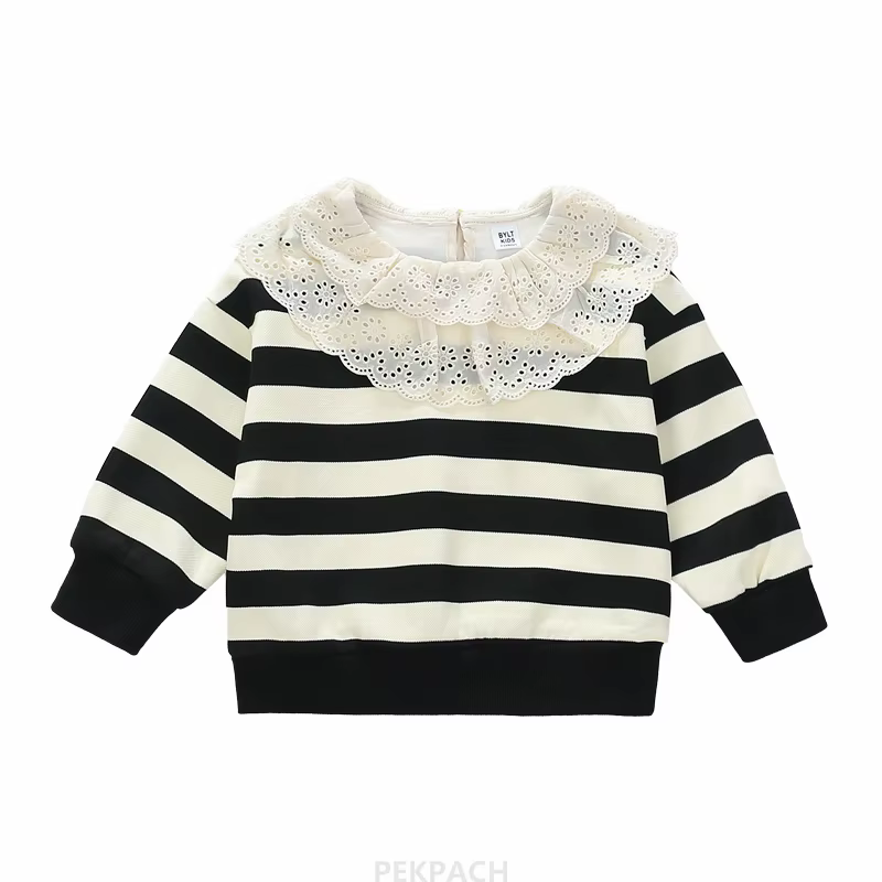 Sweat-shirt élégant à rayures noires et blanches pour enfants de 2 à 9 ans, avec col en dentelle, te