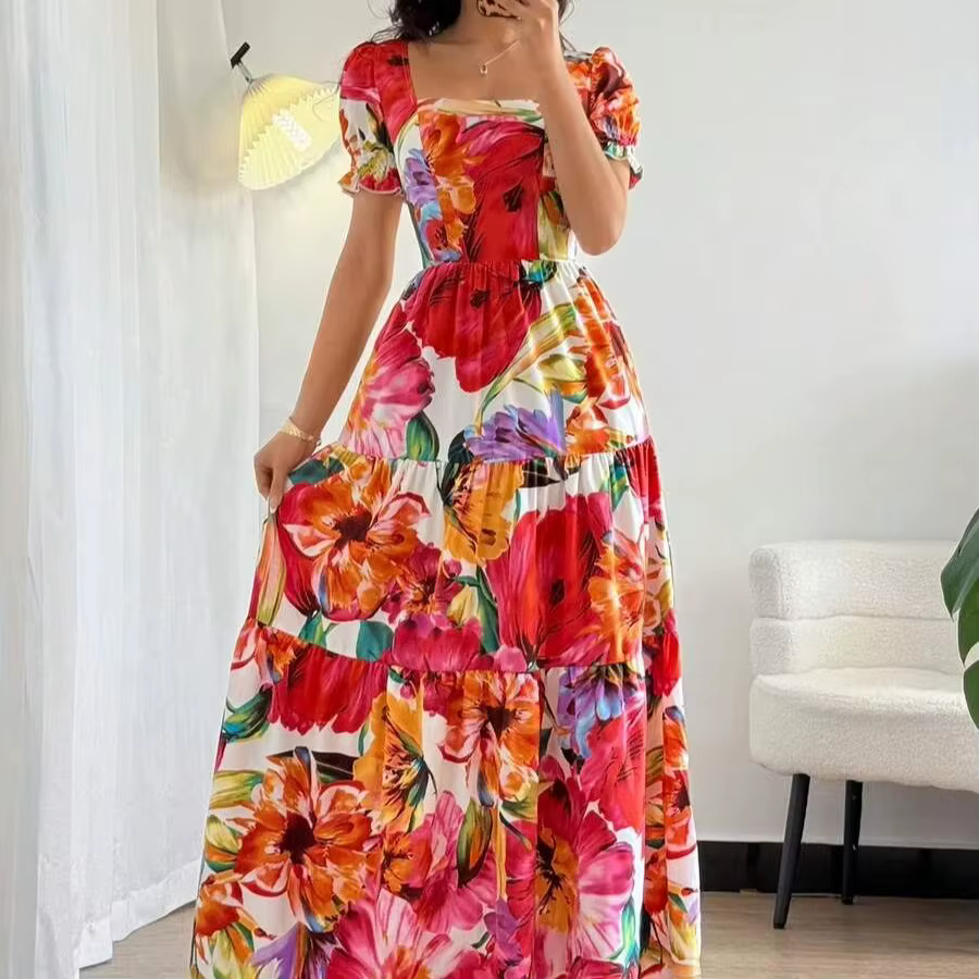 Robe longue maxi à col carré imprimée numériquement rouge, élégante robe d'été pour femmes, idéale p