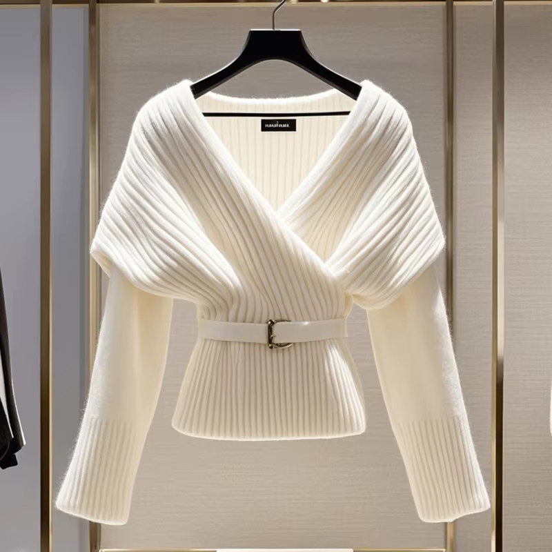 Pull à col en V à manches longues pour femmes, chemisiers blancs, haut vintage, pulls de luxe doux,