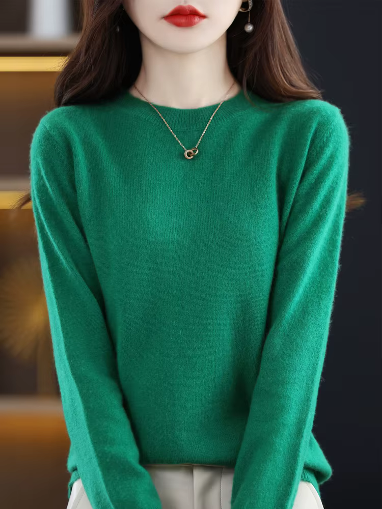 Mode 100% laine mérinos pull élégant cachemire pull femmes col rond à manches longues tricots vêteme
