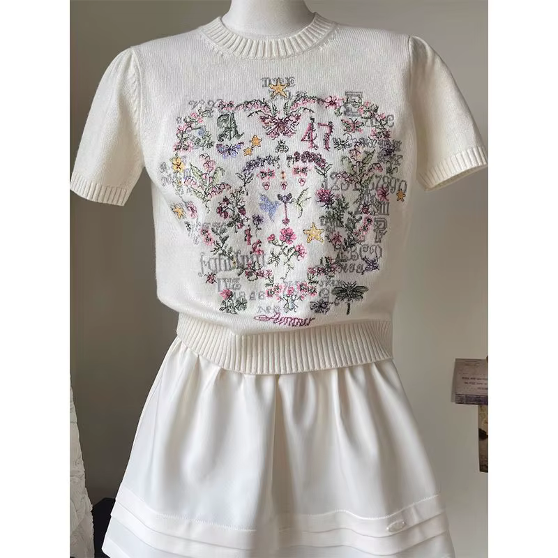 Pull tricoté à manches courtes pour femme, imprimé Floral, Version coréenne, col rond, haut à la mod