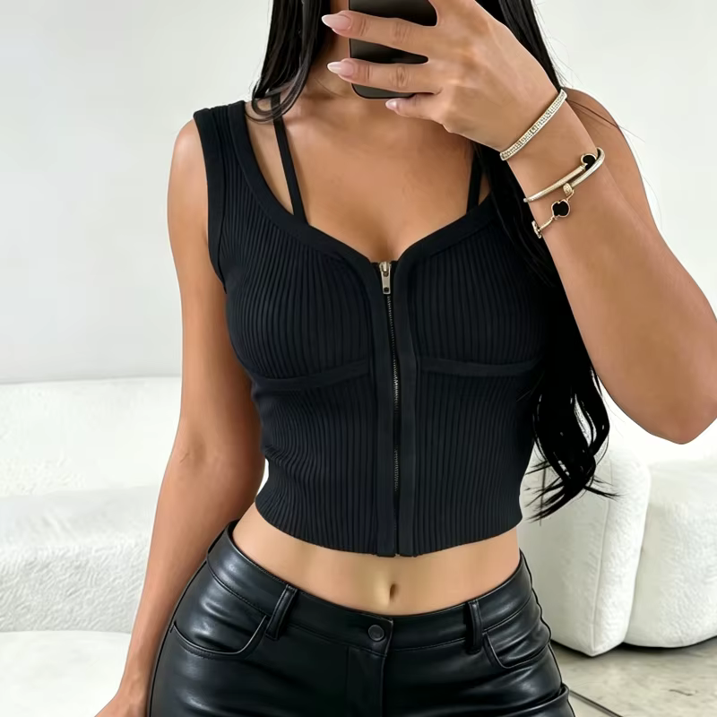 Gilet pull sans manches noir côtelé pour femme, col cœur zippé, extensible, coupe ajustée, court, st