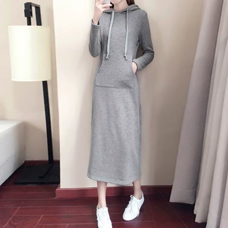 Sweat-shirt à capuche mi-long pour femme, robe pull à manches longues, coupe cintrée, automne hiver