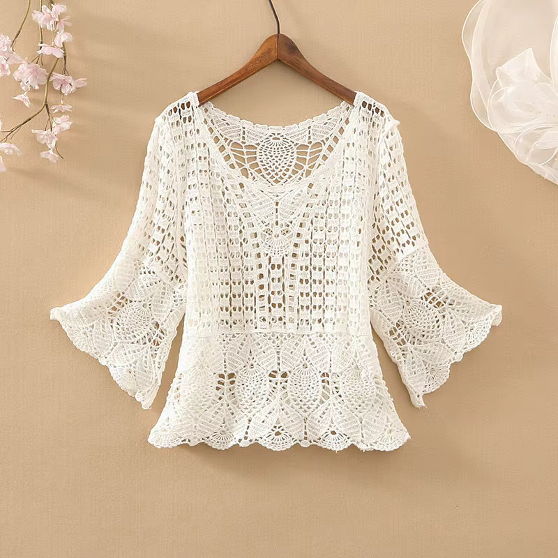 2025 été pull femme pull nouveau ample court cinq points manches évasées évider crochet fleur extéri
