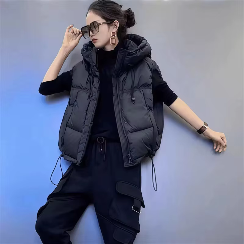 Gilet en duvet de coton rembourré pour femmes, gilet ample à capuche, chaud, manteau en coton pour d
