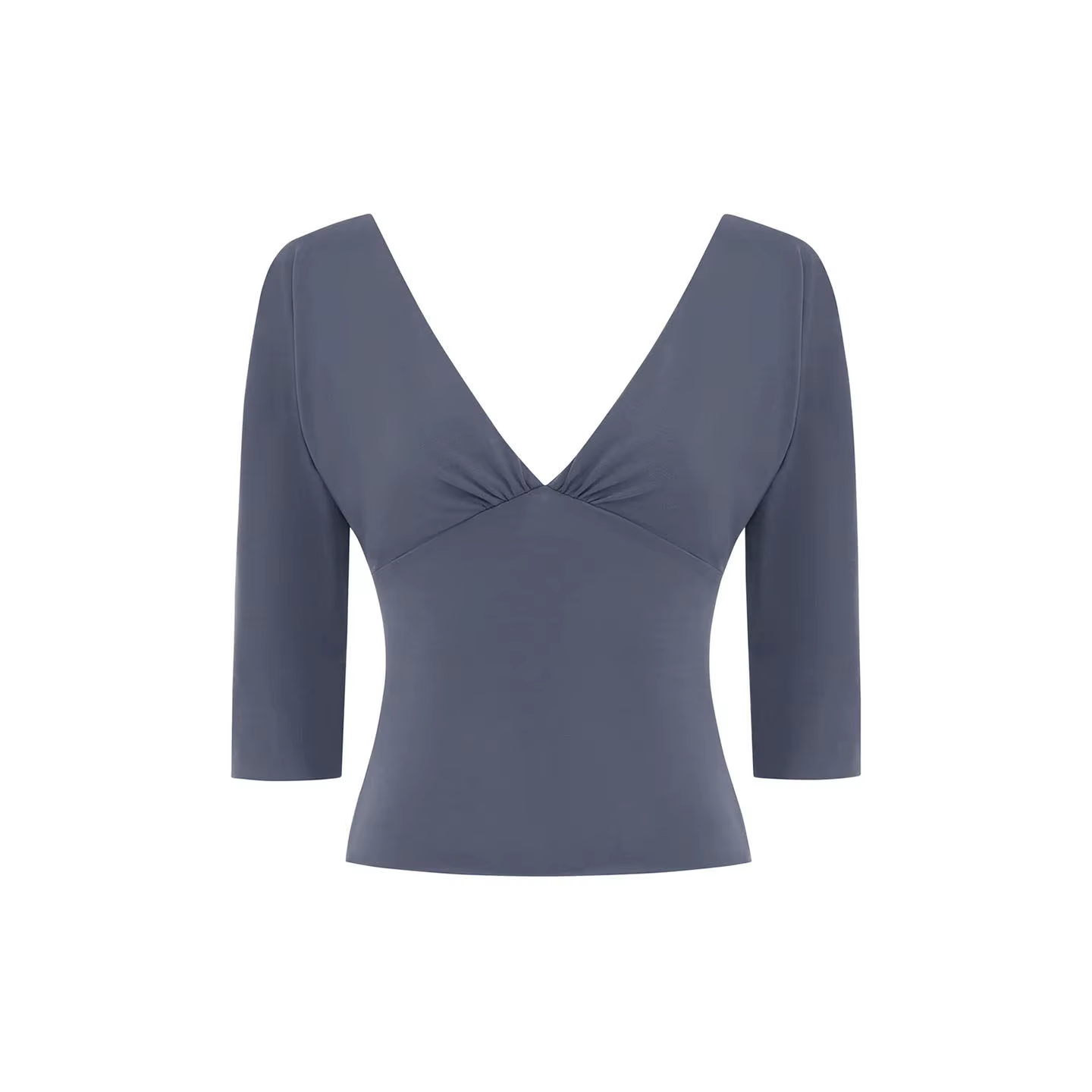 Haut court ajusté avec col plissé et manches 3/4, bleu-mauve, col en V profond, de la collection Jea