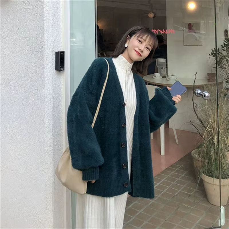 Pull en vison de Style paresseux japonais pour femme, veste ample, couleur unie, col en v, tricoté, 