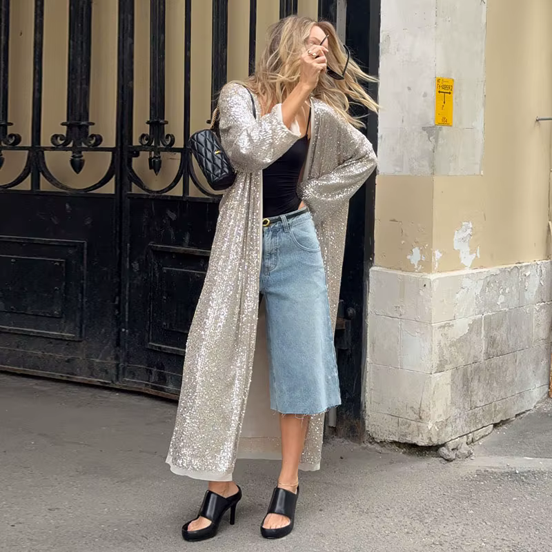 Mode paillettes Long femmes manteau à manches longues ample point ouvert coupe-vent 2025 été automne