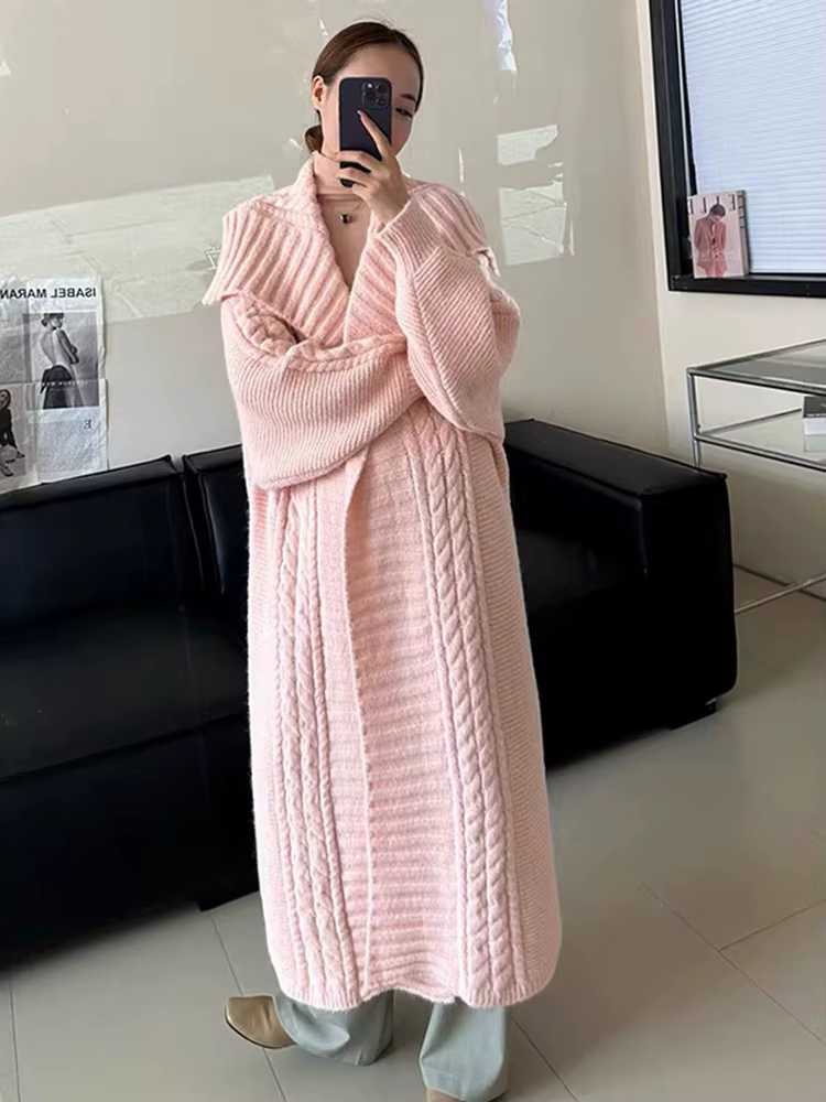 LANMREM-Cardigan Triblockchain Long et Décontracté pour Femme, Pull Solide à Gros Revers, Haut de Ga
