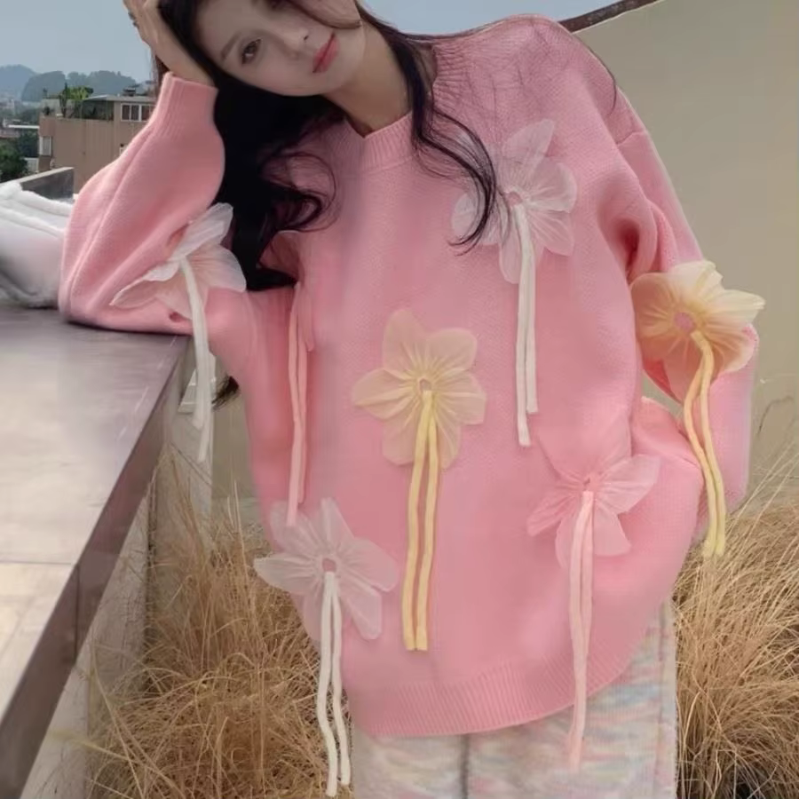 Veste pull ample à fleurs tridimensionnelles pour femme, beau haut, nouvelle collection hiver 2025