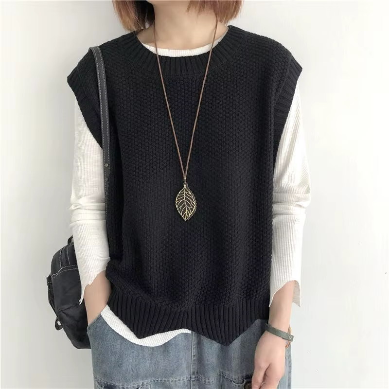 Gilet asymétrique pour femmes, tricot, couleur unie, superposition fine, Vintage, col rond, veste am