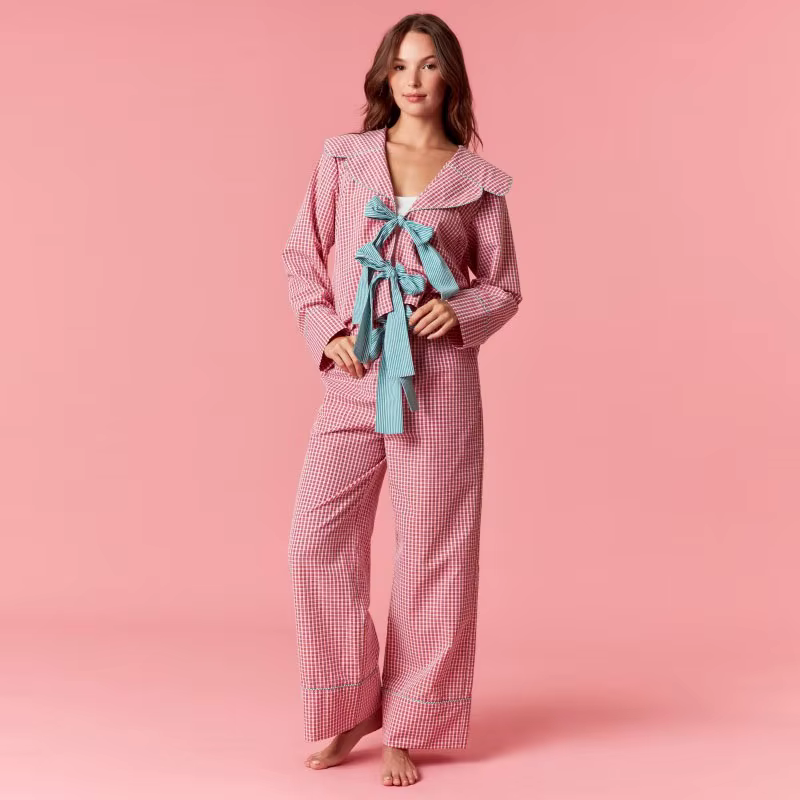 Ensemble Co-ord à carreaux de noël pour femmes, avec nœud rouge, revers, col en v, détail sur haut à