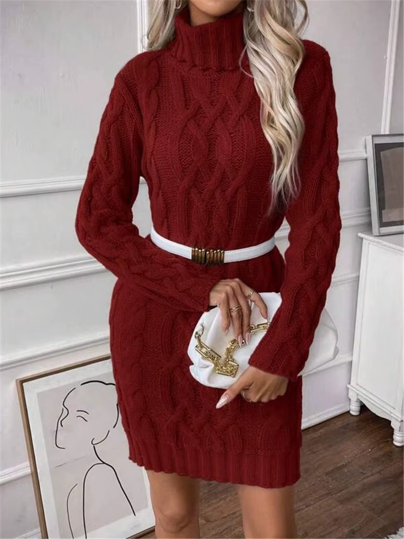 Robe pull en tricot pour femmes, Slim, col roulé, motif câble, manches longues, nouvelle collection 
