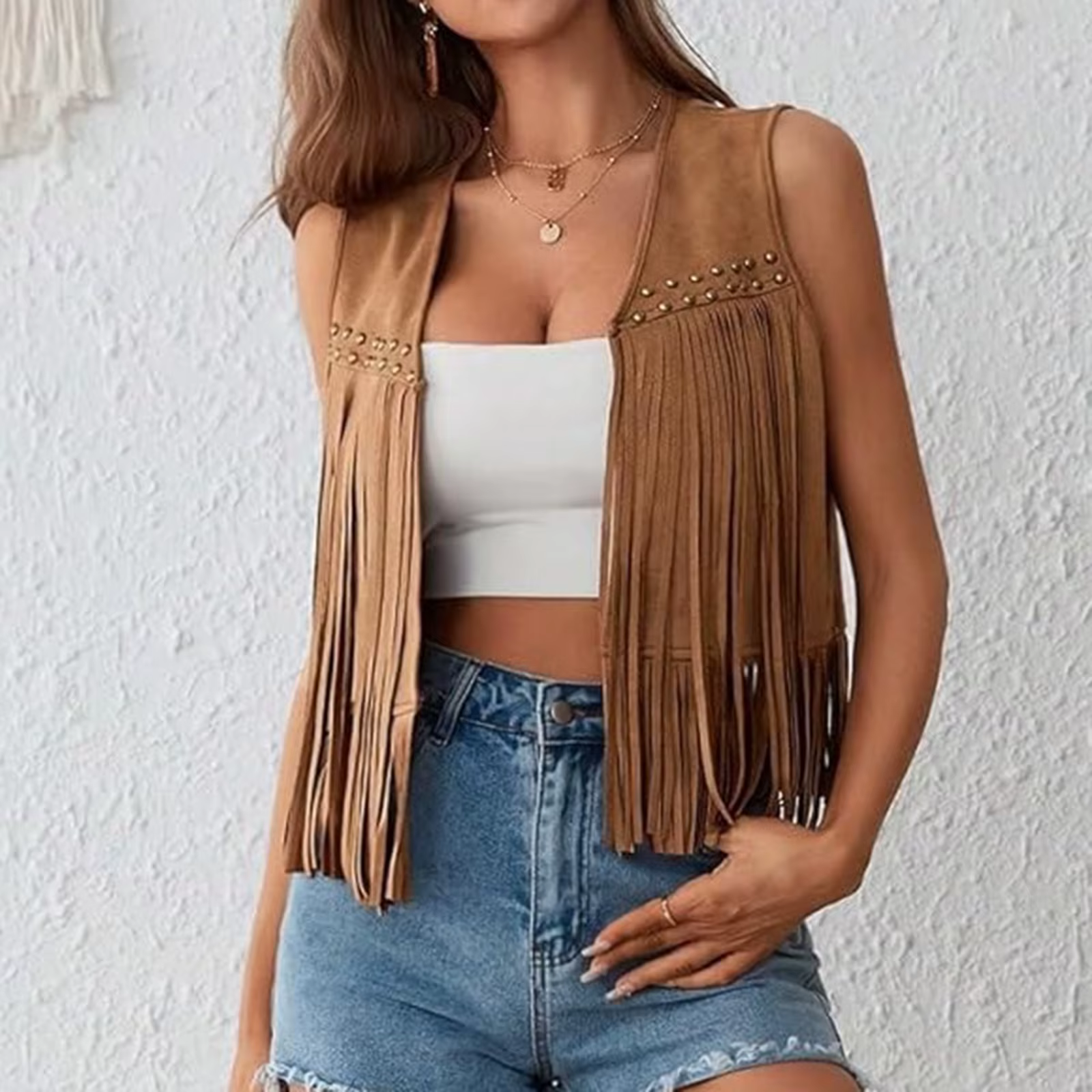 Gilet à franges en daim pour femme, tenue Hippie des années 70, sans manches, ouvert sur le devant,