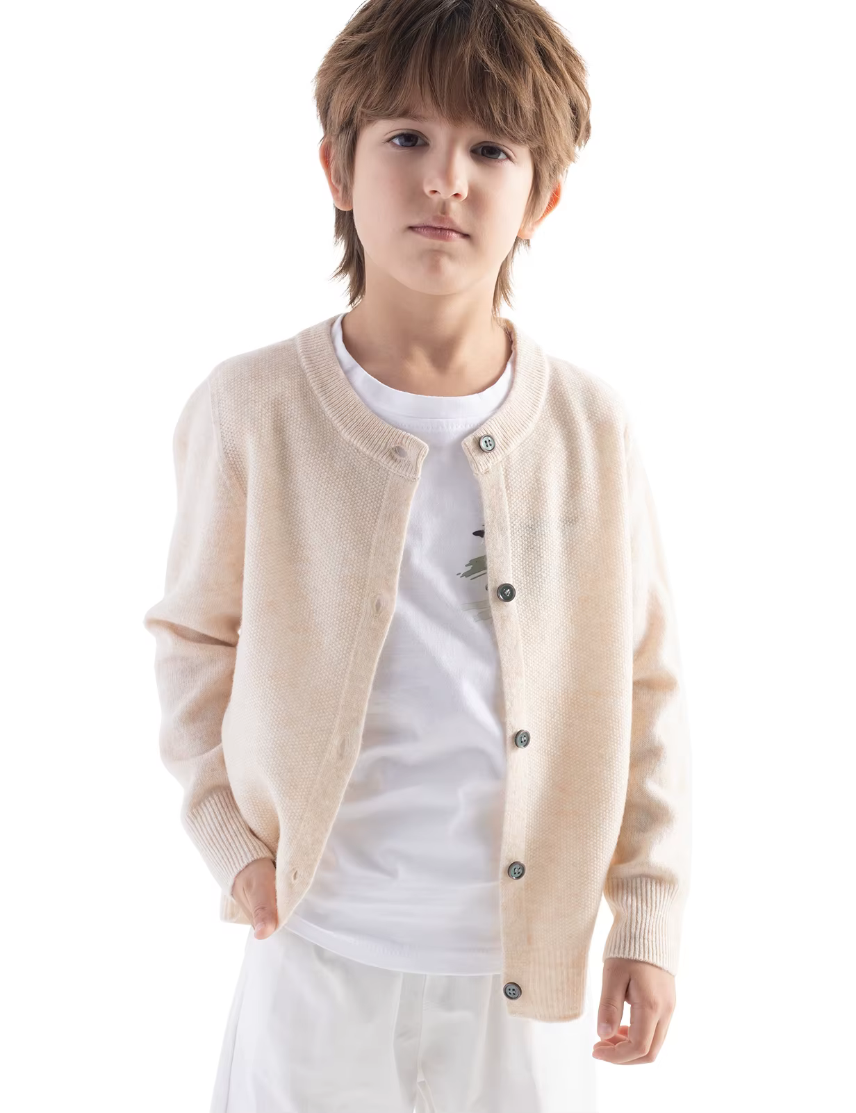 Cardigan 100% laine mérinos pour garçons et filles, automne-hiver, col rond, manches longues, pull s
