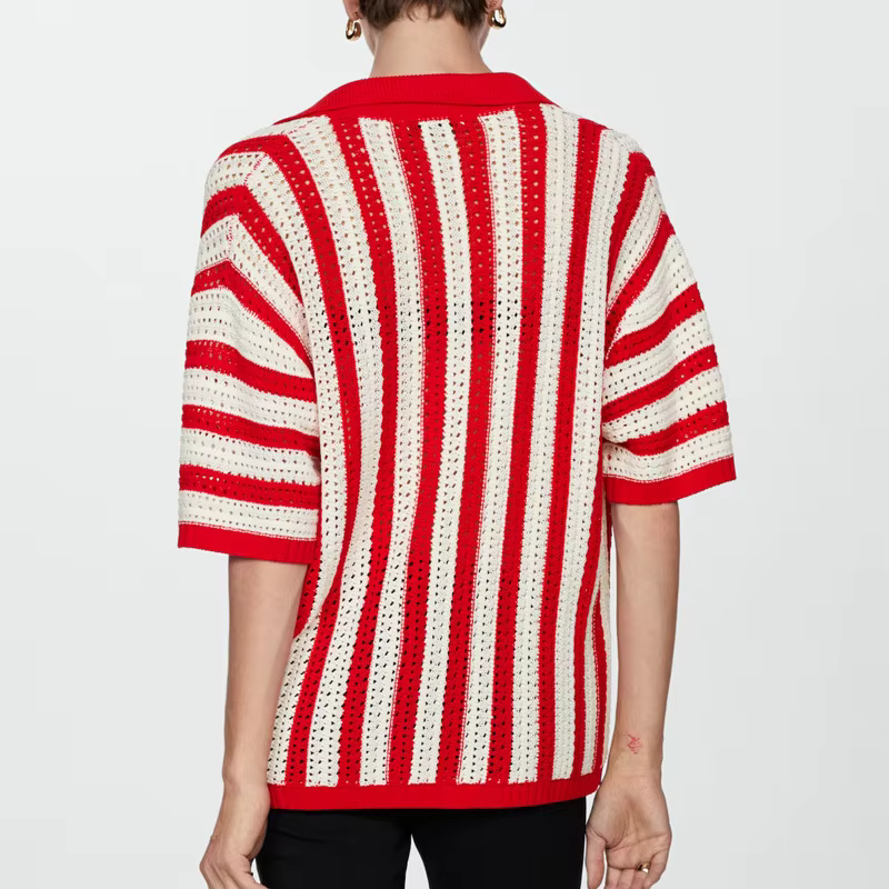 Cardigan à revers rayé vert pour femmes, nouveau bouton tricoté contrasté, manches courtes, vêtement