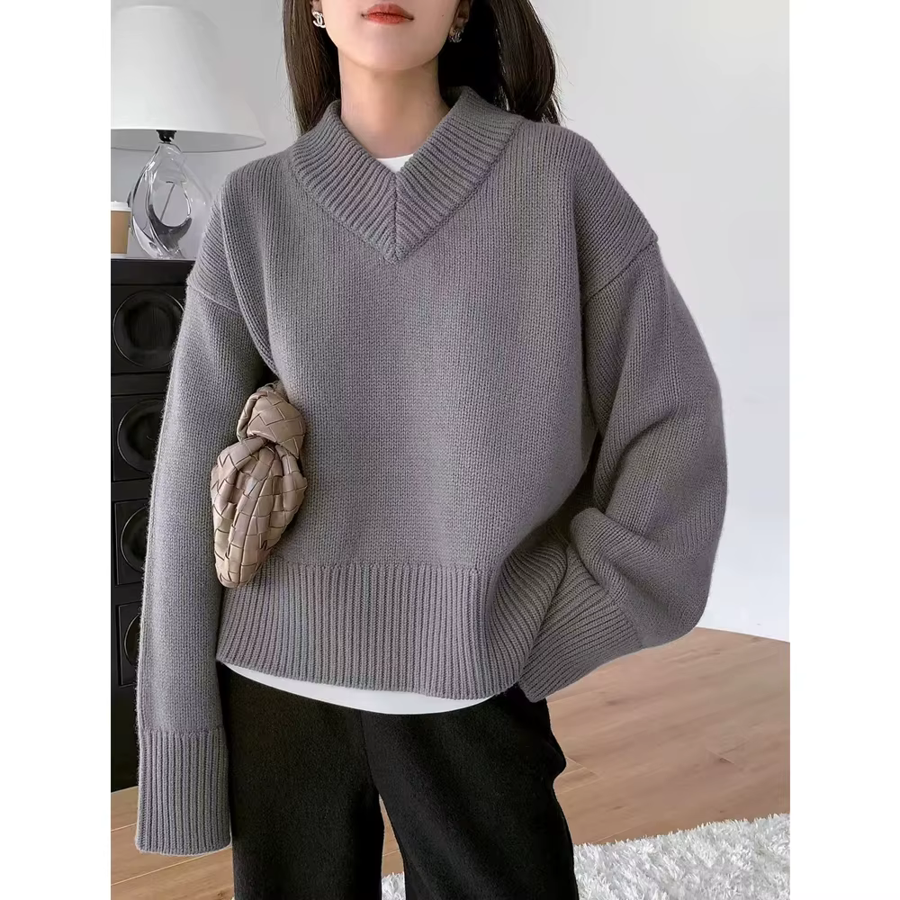Pull tricoté 100% laine à col en v pour femmes, haut pull ample et épais