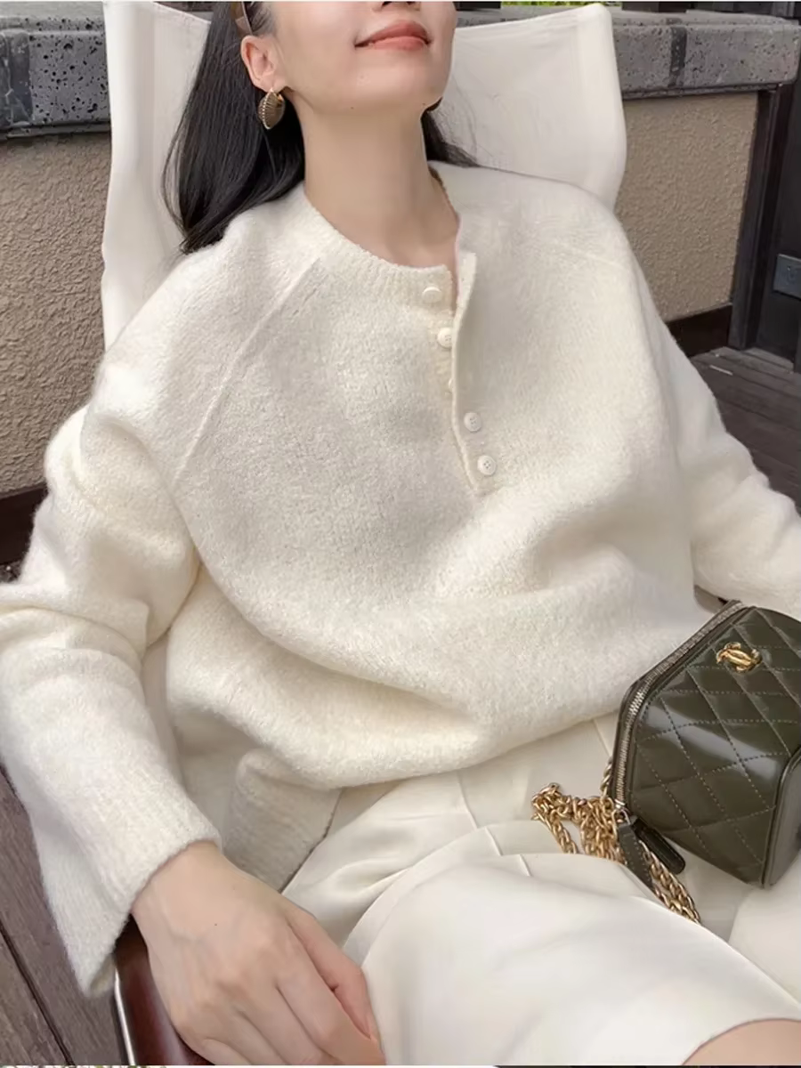 Pull en cachemire blanc pour femme, surdimensionné, col rond, vêtements de détente d'hiver, haut bas